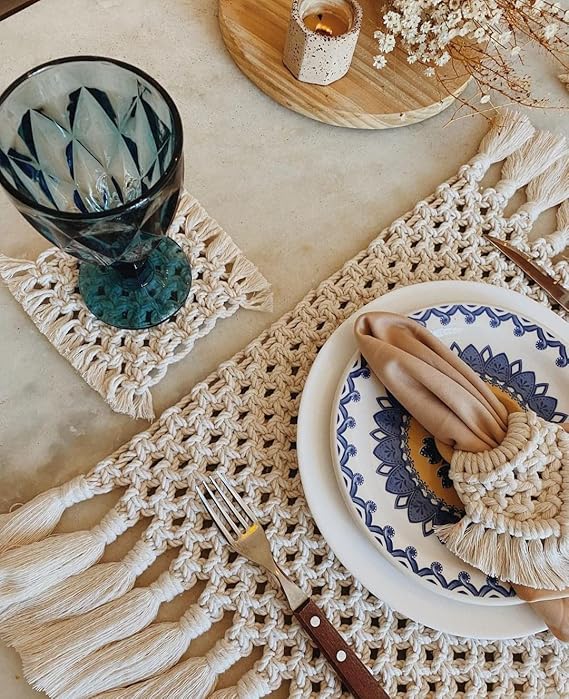 Macrame Set Of Coasters, Placement Mats And Napkin Holder - Leechoo